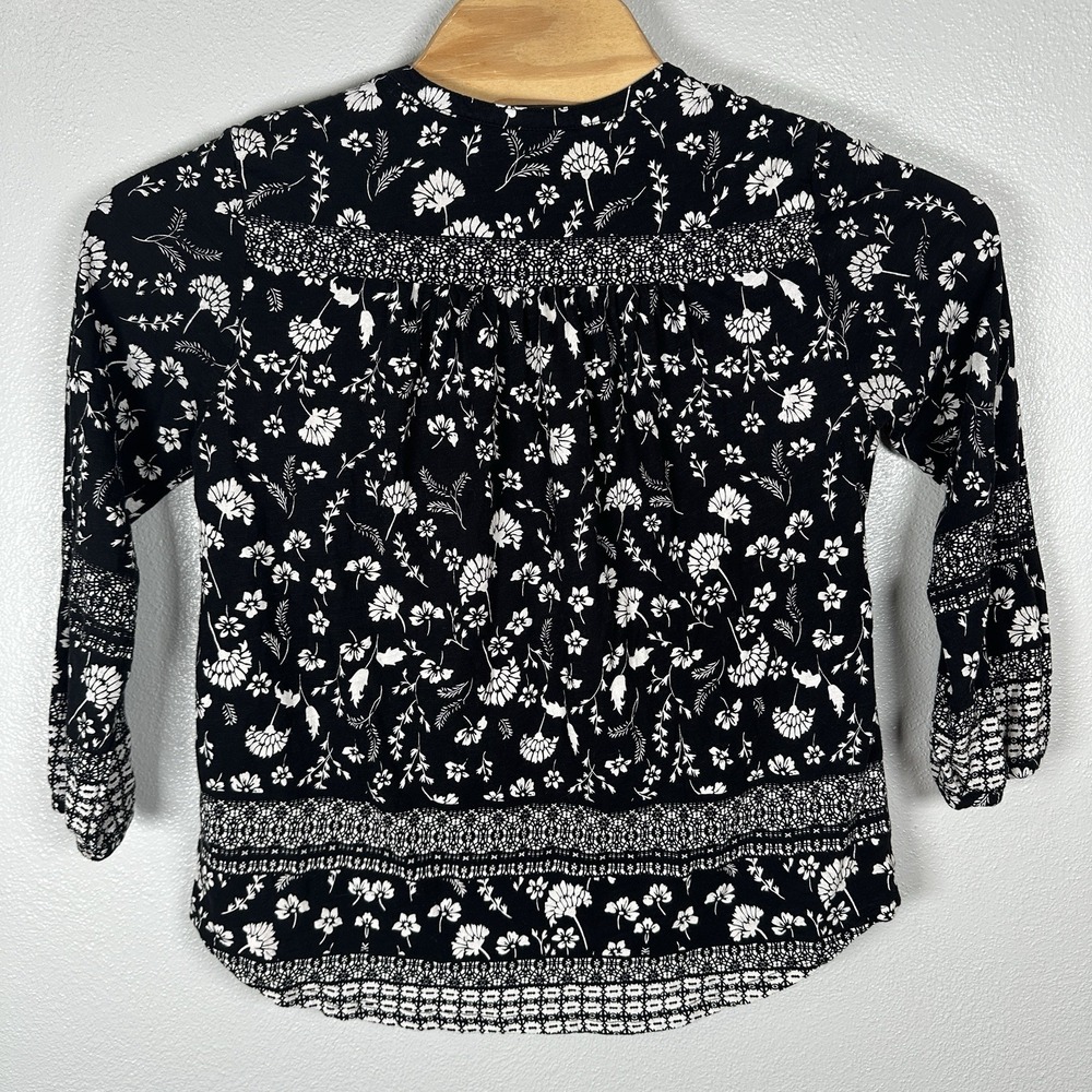 Lucky Brand Popover Top Size Large Black Cream Floral Cotton Peasant Long Sleeve - Picture 4 of 6